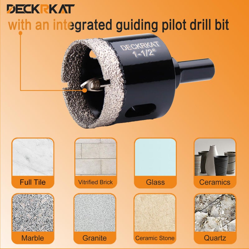 DECKRKAT 1-1/2 Inch Diamond Hole-Saw Bits with Pilot Drill Bit - 2pc 1-1/2"" Diamond Tipped Tile Hole Saws with Guiding Bit Accurate Drilling for Porcelain Tile Ceramic Pottery Granite Stone Glass Bottles 38mm - Image 5